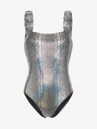Beth Richards Scrunchie Snakeskin Print Swimsuit in Metallic-Silver - flipped