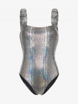 Beth Richards Scrunchie Snakeskin Print Swimsuit in Metallic-Silver
