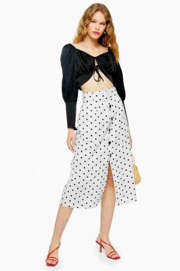 Topshop Black And White Belted Spot Midi Skirt | monochrome front button skirts - flipped