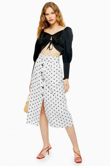 Topshop Black And White Belted Spot Midi Skirt | monochrome front button skirts