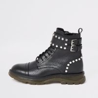 RIVER ISLAND Black leather studded lace-up hiking boots ~ embellished double buckle boot