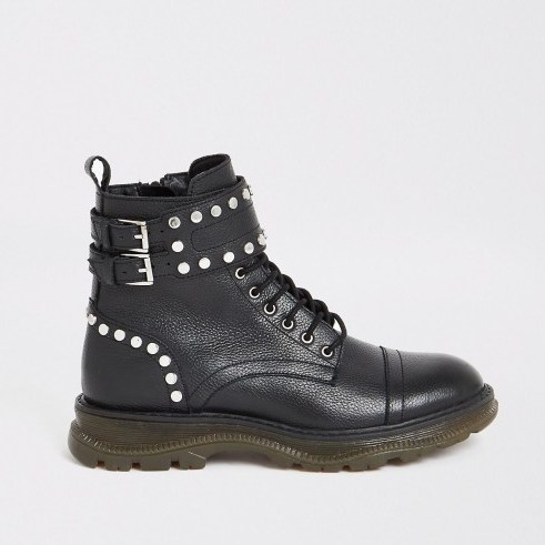 RIVER ISLAND Black leather studded lace-up hiking boots ~ embellished double buckle boot - flipped