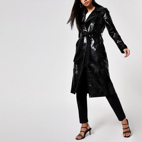 RIVER ISLAND Black vinyl croc embossed trench coat – shiny wrap style coats - flipped