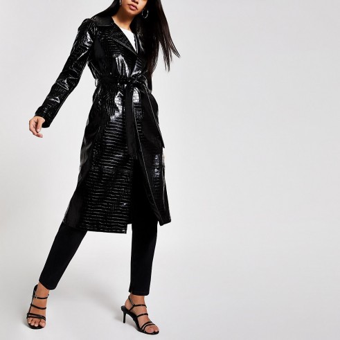 RIVER ISLAND Black vinyl croc embossed trench coat – shiny wrap style coats