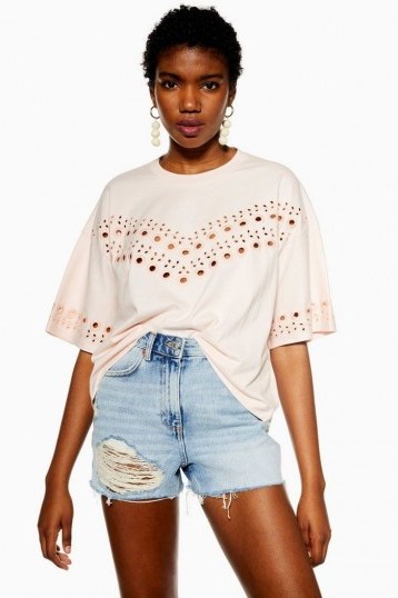 TOPSHOP Broderie Boxy T-Shirt in Pink – loose fit tee - flipped