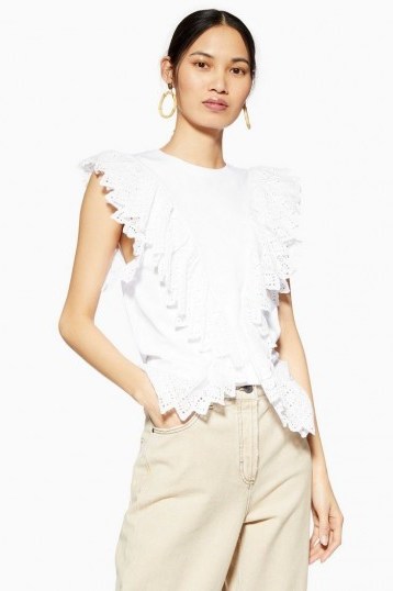 Topshop Broderie Front Tank in White - flipped