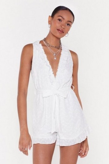 Nasty Gal Broderie Plunge Ruffle Romper in White - flipped