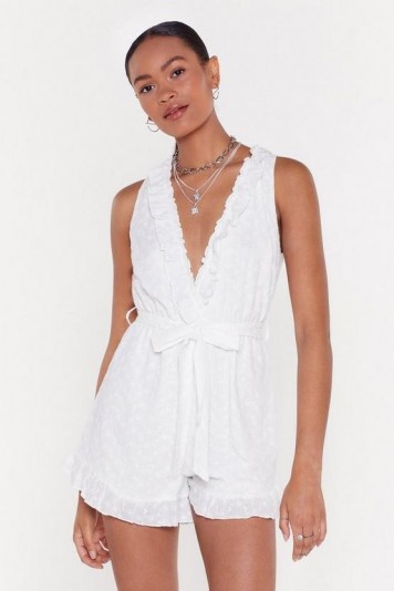 Nasty Gal Broderie Plunge Ruffle Romper in White