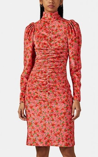 BROGGER Thora Ruched Floral Velvet Dress in Ruby / red gathered high neck dresses - flipped