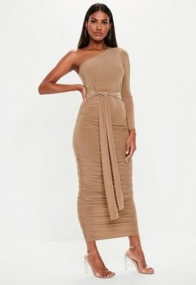 Missguided camel one shoulder slinky bodycon ruched midaxi | summer parties | evening glamour - flipped