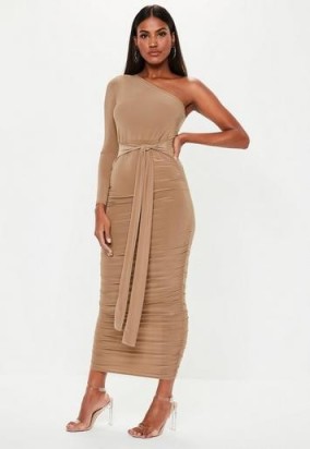 Missguided camel one shoulder slinky bodycon ruched midaxi | summer parties | evening glamour