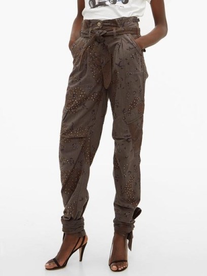 RE/DONE ORIGINALS Camouflage-print crystal-stud paperbag jeans in khaki-grey ~ embellished denim - flipped