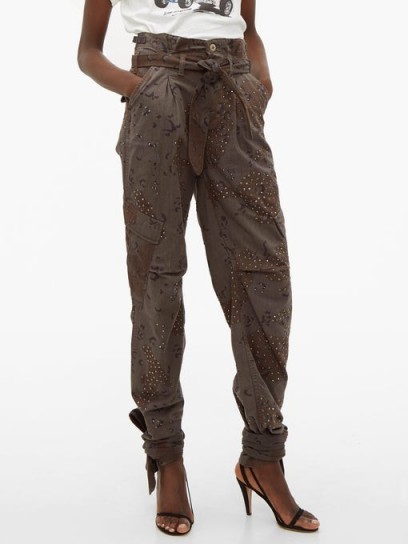 RE/DONE ORIGINALS Camouflage-print crystal-stud paperbag jeans in khaki-grey ~ embellished denim