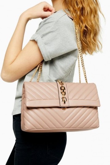 Topshop CASEY Nude Quilted Shoulder Bag | chain strap flap bags - flipped