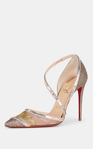 CHRISTIAN LOUBOUTIN Chiara Mesh & Glitter Pumps in Beige / Multi / glittering stiletto heel shoes - flipped