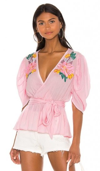 Cleobella Sienna Blouse Pink / floral embroidered ruched sleeve blouses - flipped