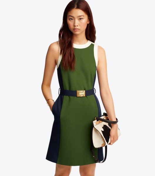 TORY BURCH COLOR-BLOCK PONTE DRESS in Equestrian Green - flipped