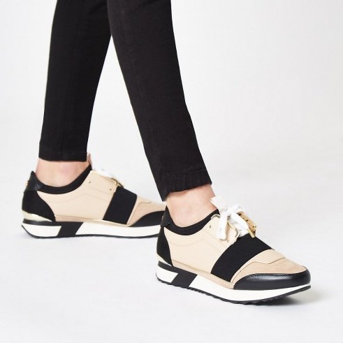River Island Cream elasticated lace-up runner trainers - flipped