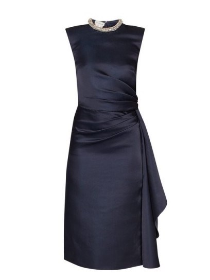 ALEXANDER MCQUEEN Crystal-embellished ruched satin knee-length dress in navy ~ sophisticated evening event wear - flipped