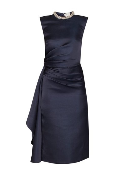 ALEXANDER MCQUEEN Crystal-embellished ruched satin knee-length dress in navy ~ sophisticated evening event wear