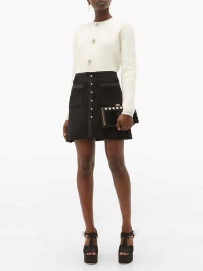 MIU MIU Crystal-embellished satin-trimmed wool-blend skirt in black ~ luxe A-line mini - flipped