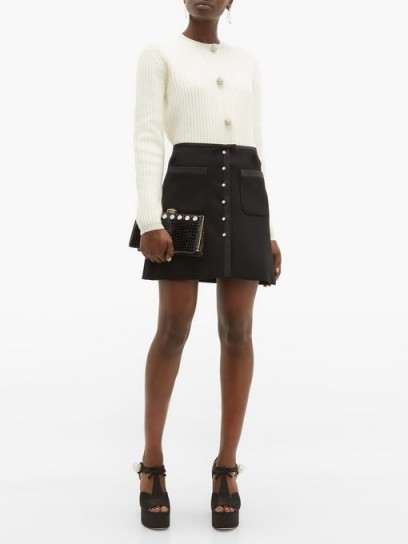 MIU MIU Crystal-embellished satin-trimmed wool-blend skirt in black ~ luxe A-line mini