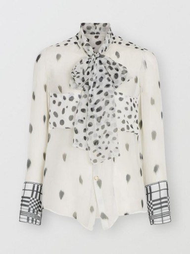 Ivanka Trump black and white dot print neck tie shirt, BURBERRY Dalmatian Print Silk Pussy-bow Blouse, out in London, 4 June 2019 | celebrity blouses | street style fashion - flipped
