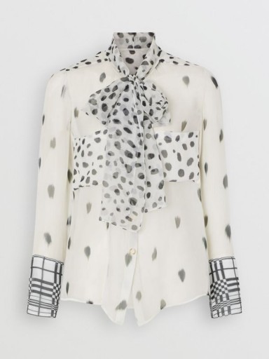 Ivanka Trump black and white dot print neck tie shirt, BURBERRY Dalmatian Print Silk Pussy-bow Blouse, out in London, 4 June 2019 | celebrity blouses | street style fashion