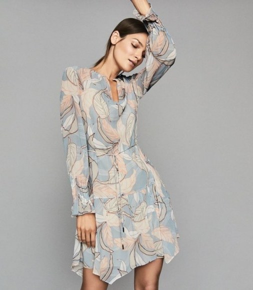 REISS DARA LEAF PRINTED SHIFT DRESS BLUE ~ feminine and floaty dresses - flipped