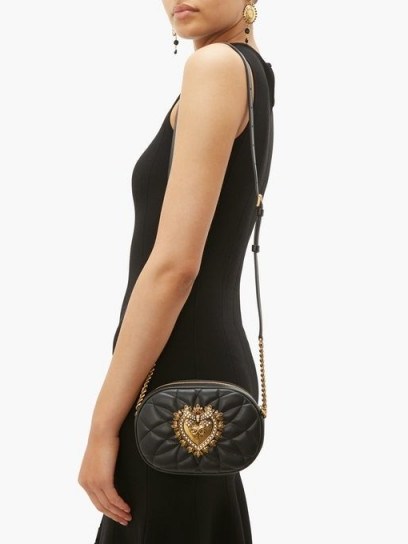 DOLCE & GABBANA Devotion heart-embellished quilted-leather bag in black | small luxe crossbody - flipped