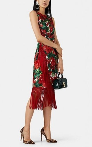 DOLCE & GABBANA Fringe-Trimmed Floral Silk-Blend Midi-Dress / red designer dresses - flipped