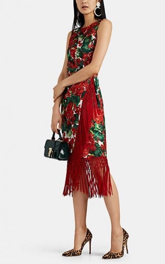 DOLCE & GABBANA Fringe-Trimmed Floral Silk-Blend Midi-Dress / red designer dresses