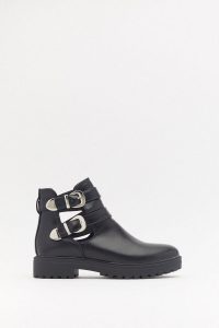 NASTY GAL Double Buckle Cut Out Biker Boot in Black