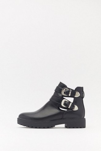 NASTY GAL Double Buckle Cut Out Biker Boot in Black - flipped