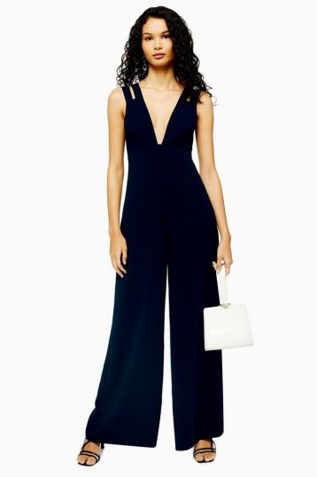 Topshop Double Strap V-Neck Jumpsuit in Navy | plunge front evening jumpsuits - flipped
