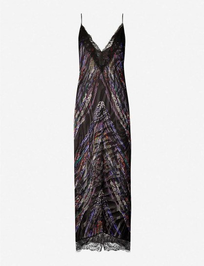 DUNDAS Lace-trimmed feather-print satin midi dress in black | thin strap plunge front dresses - flipped
