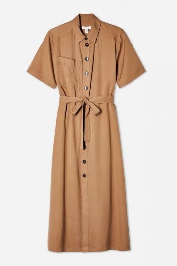 TOPSHOP Editor Shirt Dress in Camel – brown tie waist dresses - flipped