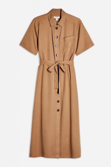 TOPSHOP Editor Shirt Dress in Camel – brown tie waist dresses