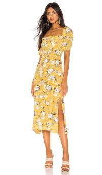 FAITHFULL THE BRAND Majorelle Dress Jasmin Yellow Pomeline Floral – smocked bodice and leg split