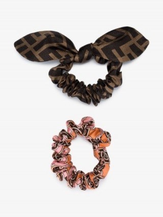 Fendi Multicolour Printed Silk Scrunchies Set | designer logo hair accessories - flipped