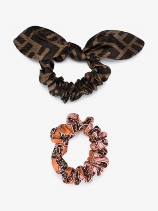 Fendi Multicolour Printed Silk Scrunchies Set | designer logo hair accessories
