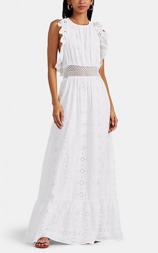 FIVESEVENTYFIVE Ruffled Cotton Eyelet Maxi Dress in White ~ effortless feminine style