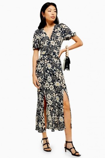 TOPSHOP Floral Print Ruffle Midi Dress in Navy Blue / double front split summer dresses - flipped