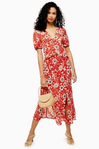 Topshop Red Floral Ruffle Midi Dress