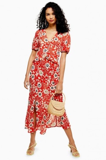 Topshop Red Floral Ruffle Midi Dress - flipped