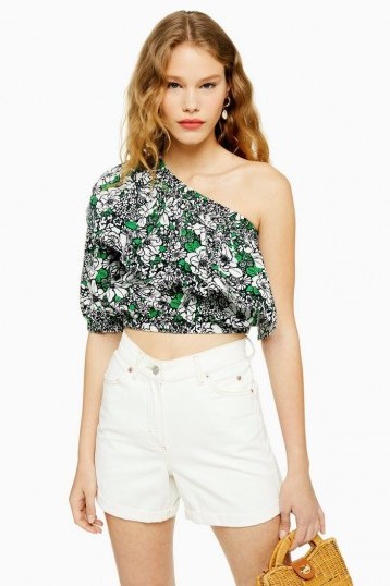 Topshop Floral Ruffle One Shoulder Blouse Green | boho summer top - flipped