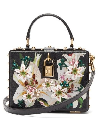 DOLCE & GABBANA Flower and crystal-embellished black leather box bag - flipped