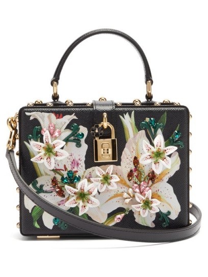 DOLCE & GABBANA Flower and crystal-embellished black leather box bag