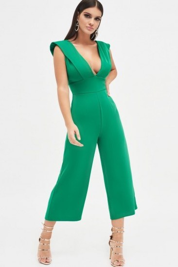 LAVISH ALICE folded front ruffle back culotte leg jumpsuit in emerald green ~ plunge front and cropped leg jumpsuits - flipped