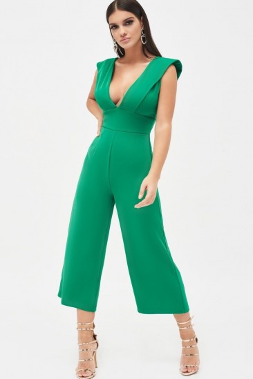 LAVISH ALICE folded front ruffle back culotte leg jumpsuit in emerald green ~ plunge front and cropped leg jumpsuits